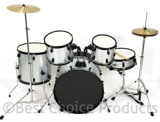 Drum Set 5 PC Complete Adult Set Cymbals Full Size Silver New Drum Set