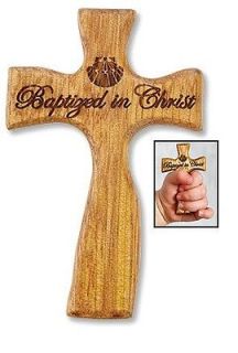 Baptized in Christ w Shell Image Hand Held Solid Wood 3 Cross Baby 