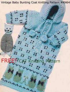 VTG BUNTING Baby Coat/Bag + FREE CAT KNITTING Pattern #KN64