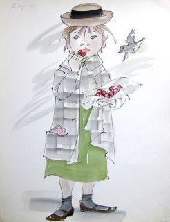   HENRI NOYER Signed 1966 Original Watercolor Petite fille aux cerises