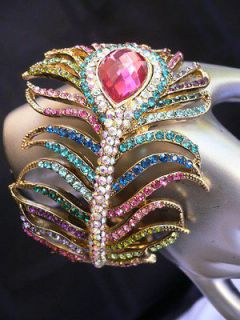   METAL GOLD CUFF BRACELET PEACOCK FEATHER WHITE PINK RED RHINESTONES