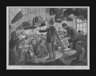   of Unclaimed, Lost Luggage, Philadelphia, antique engraving, 1885