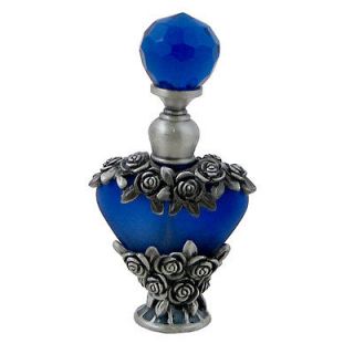 Vintage Style Rose Perfume Bottle Sapphire Blue Antique Silver Tone 