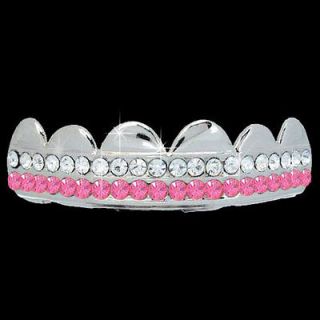 TOP ROW GRILLZ ICED OUT 2 ROW SILVER & PINK HIP HOP BLING TOP ROW 
