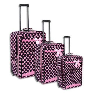 3pc Black & Pink Large Polka Dot Themed Rolling Luggage Set