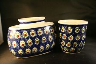POLISH POTTERY TOOTHBRUSH HOLDER AND CUP