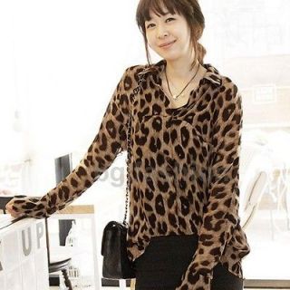 Sexy Womens Leopard Print Tops Long Sleeve Chiffon Shirt Button Down 