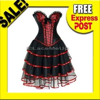 BURLESQUE Moulin Rouge Costume Black Red Kiss Boned corset skirt size 