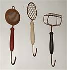 Old Time Kitchen Gadget Hooks Potato Masher, Strainer, Whisk 