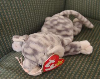Silver the Cat 1999 TY Beanie Baby   Tys kitten   grey tabby & tag 