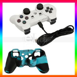   Shock Game Controller White+Silicone Case Blue Black for Sony PS3