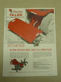 1962 WHEEL HORSE RT 366 FULL POWER TILLER for TRACTORS SPEC SHEET 