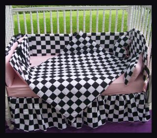 New crib bedding set w/ CHECKERED FLAG fabric w/ PINK