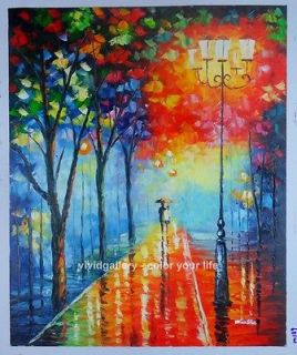   Stock Signed Oil Painting 24x20 Night Rain Street Lamp Lover m189