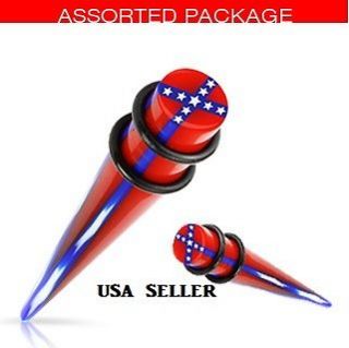   Rebel confederate flag 00   8 gauge acrylic ear tapers with O rings