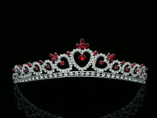 Bridal Red Rhinestone Crystal Heart Wedding Prom Princess Tiara Crown 