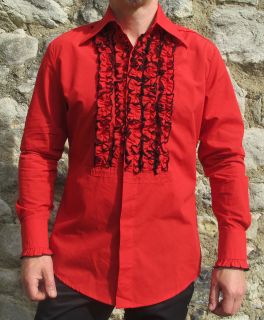 Mens Retro Red Ruffle Frill Tuxedo Dress Dinner Disco Tailored Shirt 
