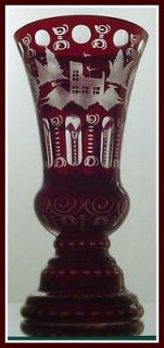 Tall RUBY RED Vase Glass CUT TO CLEAR Crystal HAIDA Czech Bohemian 