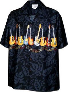 New Mens Black Hawaiian Aloha Shirt Guitars Rock And Roll Music