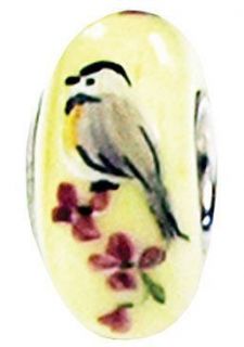 Fenton Art Glass BEAD Handpainted CHICKADEE ON CHERRY BLOSSOM 