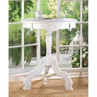 Round Wood Pedestal Accent End Table in Distressed White New Free Ship 