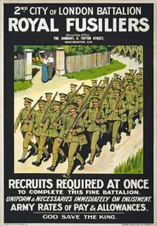 WA3 Vintage WWI British Royal Fusiliers Army War Recruitment Poster 