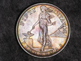 PHILIPPINES 1921 50 Centavos Silver XF AU # X136