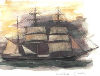 MADS STAGE 1970s 3 MASTED SHIP Art Vintage WATERCOLOR Print LISTED 