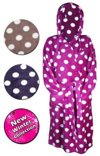 LADIES HOODED FLEECY DRESSING GOWN POLKA DOTS SPOTS CHOOSE COLOUR 