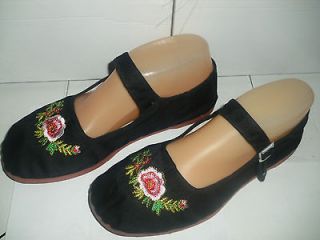 New Black Canvas Embroidered Mary Jane Flat Shoes Goth brown sole
