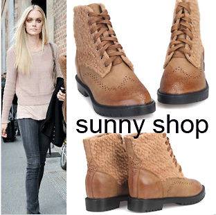 New Women Winter Warm PU Leather brogue LACE UP Boots Browns