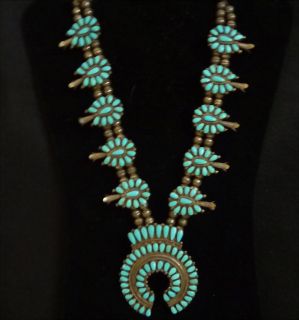   WEEKOTY OLD PAWN CLUSTER TURQUOISE STERLING SQUASH BLOSSOM NECKLACE