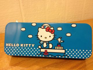 Sanrio Hello Kitty Pencil Case BLUE Tin Metal Box for Girls New
