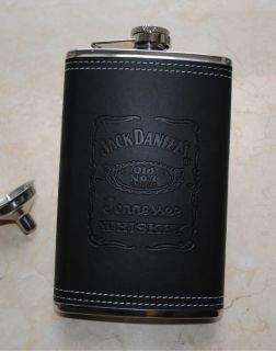10oz Stainless Steel Hip Flask Black Faux Leather Wrapped Free Funnel 