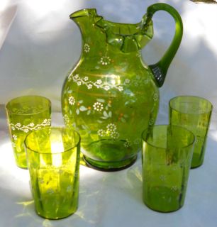   ANTIQUE ENAMEL LEMONADE PITCHER WATER BEVERAGE GREEN GLASSES 6 FENTON