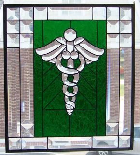 Caduceus Stained Glass Panel Window Beveled Glass and Green Gluechip
