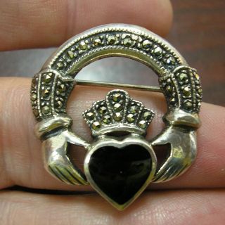   CELTIC CLADDAGH Pin, Brooch, Sterling Silver, Black Onyx & Marcasite