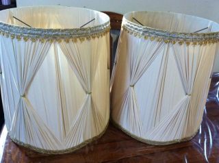 PAIR Of 2 Vintage Drum Style Lamp Shade Ivory Color & Gold Trim Retro 