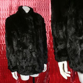   70s 80s Shiny Genuine FLUFFY Black Rabbit Fur Stroller Jacket Coat L