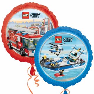 18 Lego City Toys Birthday Party Fire Engine Police Boat Round Foil 