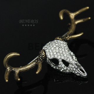   Horn Silver ANTLER SKULL Brooch Vintage Animal Pin w Swarovski Crystal