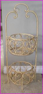 Shabby Chic 2 Tier Painted Wrought Iron Basket Plant Stand 30 Tall