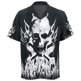 Casual Outfitters Polyester Black Shirt Grey Skull Flames M 2X