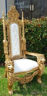 Carved Mahogany King Lion Gothic Throne Chair Gold & White