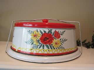 Vintage Metal Round Cake Carrier Retro Red with Floral Design