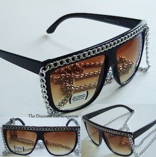 Big Silver Chain Snooki Style Flat Top Black Sunglasses with Amber 