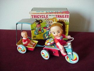 Rare Vintage Tin Wind Up Toy Tricycle with Trailer Mint with Original 