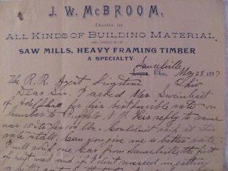 1897 Vintage Letterhead J W McBroom Saw Mill, Logan, Ohio