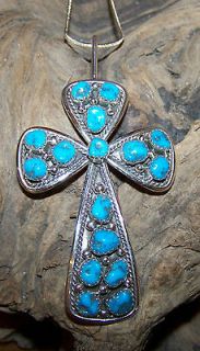 Necklace / Pendant Turquoise 15 Nugget Cross Sterling Silver By Navajo 