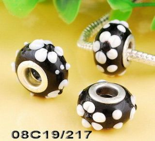 5P Murano Glass Charm Spacer Beads Big Hole Black/Wite Dotted New 